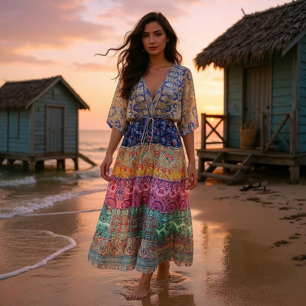 White Waves Silk Blend Paisley Boho Maxi Dress - One Size